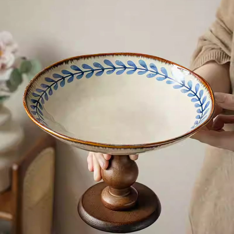 Wooden high-foot plate fruit plate snack plate living room ceramic fruit plate tray