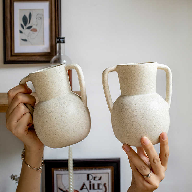 Retro Beige Ceramic Binaural Vase Decorative Ornament