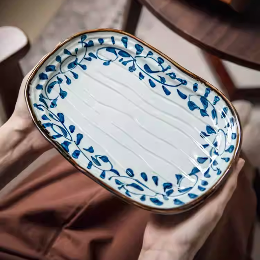 Japanese Irregular Sushi Plate 9.5" - Blue Hook Vine Ceramic