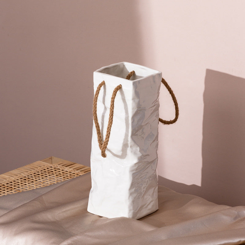 Square White Ceramic Hemp Rope Handbag Vase
