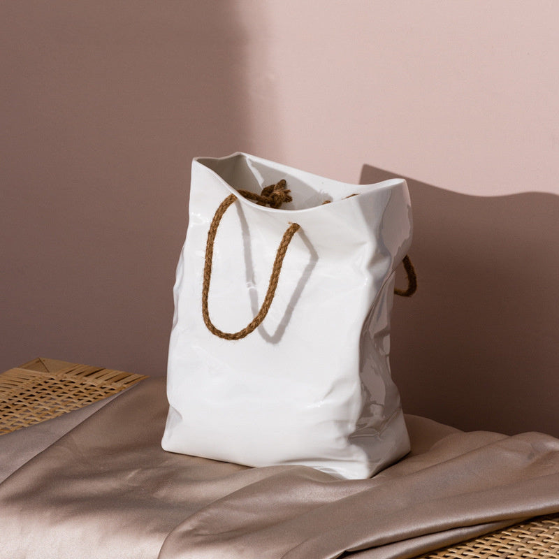 Square White Ceramic Hemp Rope Handbag Vase