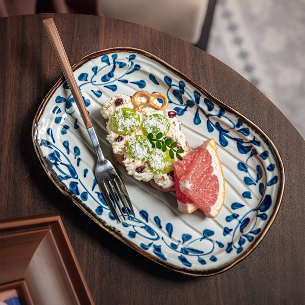 Japanese Irregular Sushi Plate 9.5" - Blue Hook Vine Ceramic