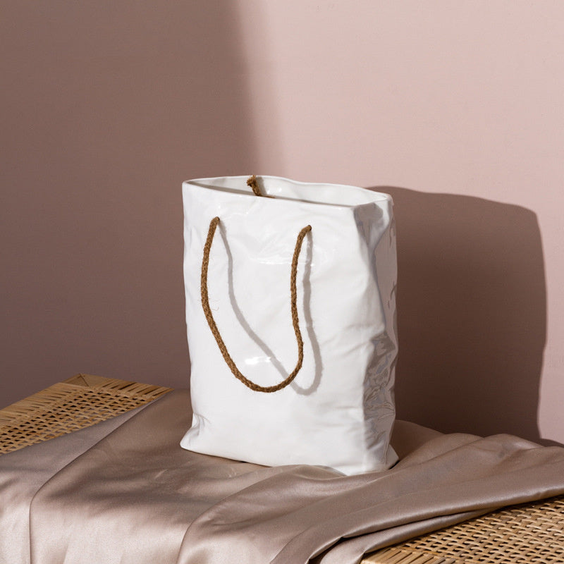 Square White Ceramic Hemp Rope Handbag Vase