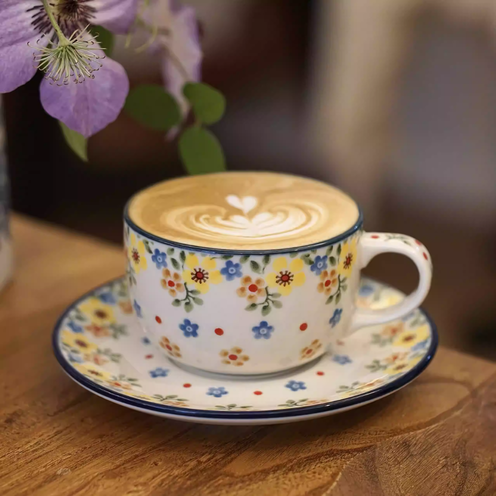 Flowers & Trees Ceramic Coffee Cup & Saucer - Underglaze