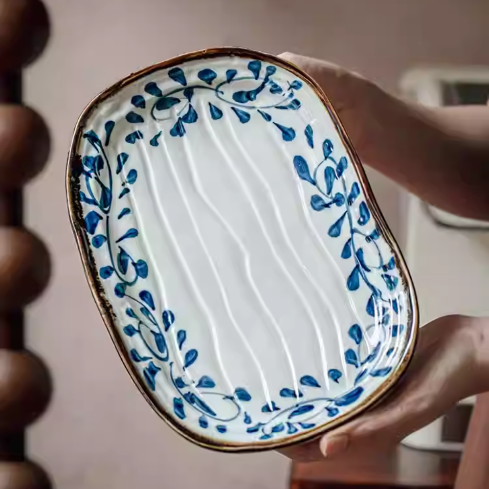 Japanese Irregular Sushi Plate 9.5" - Blue Hook Vine Ceramic