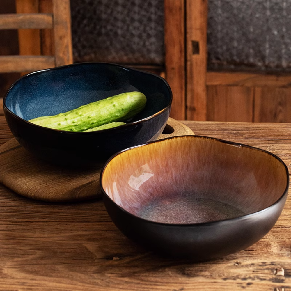 Retro Ceramic Soup Bowl 11" - Kiln-Changed Lotus Leaf