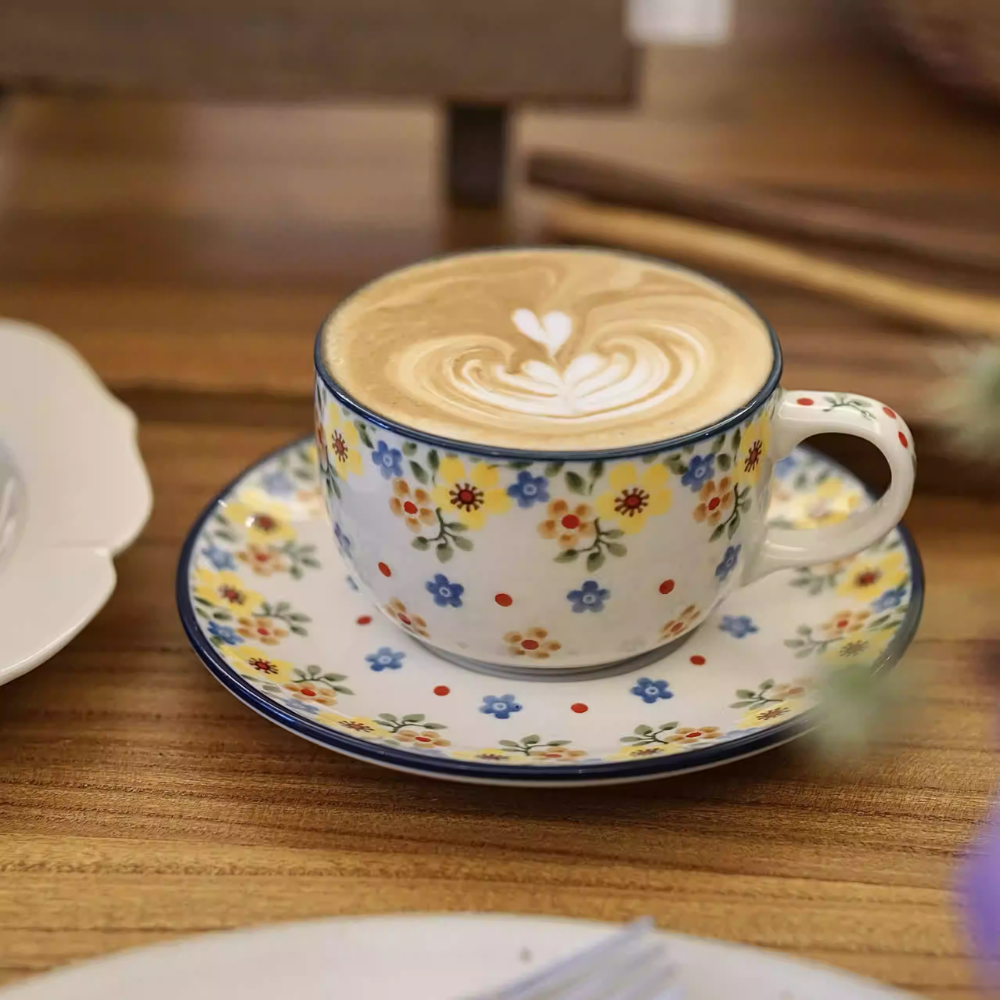 Flowers & Trees Ceramic Coffee Cup & Saucer - Underglaze