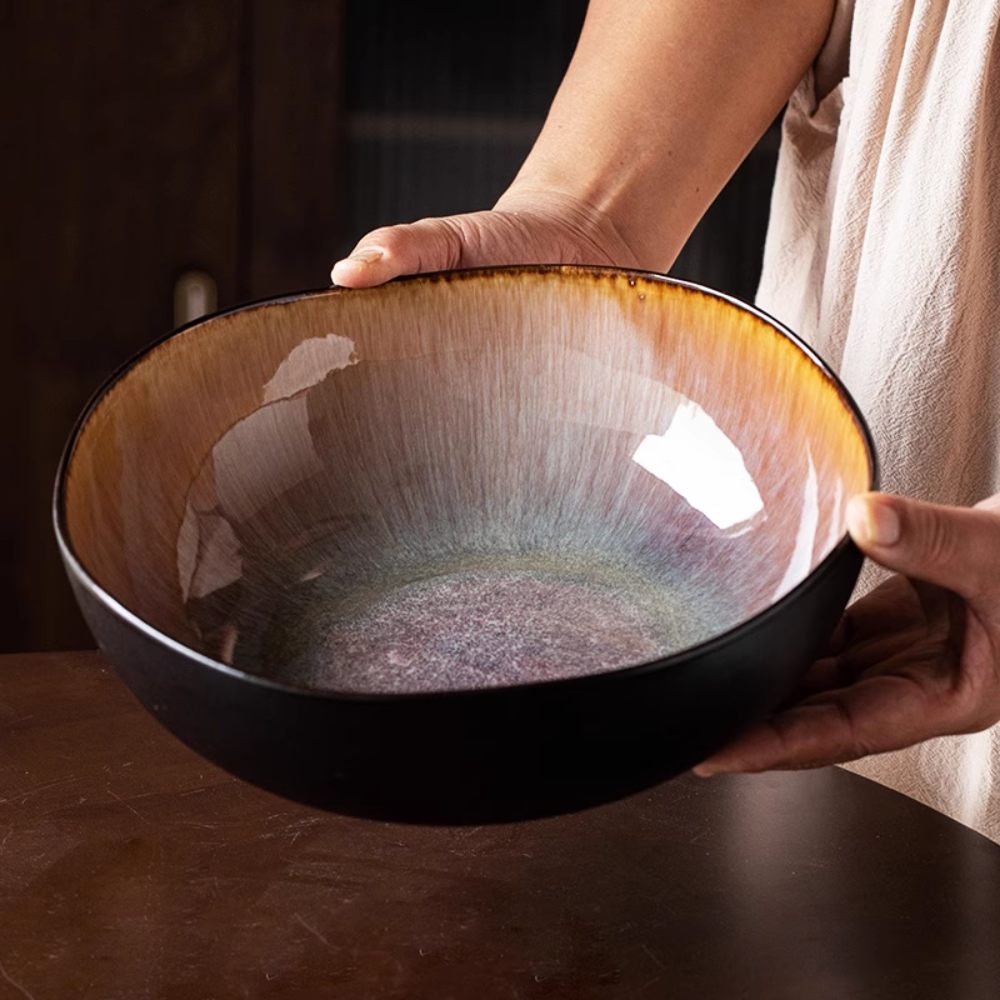 Retro Ceramic Soup Bowl 11" - Kiln-Changed Lotus Leaf