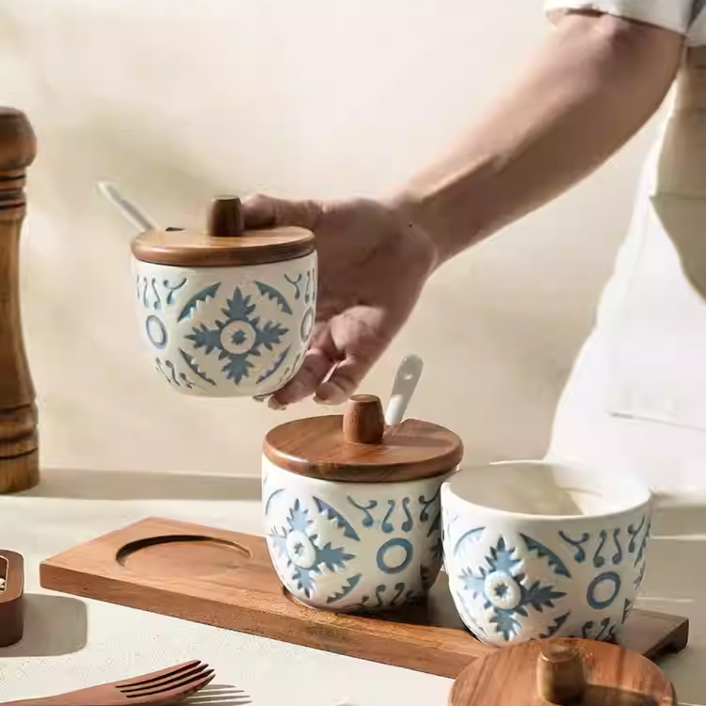 High-End Ceramic Spice Jar Set- Embossed Light Luxury