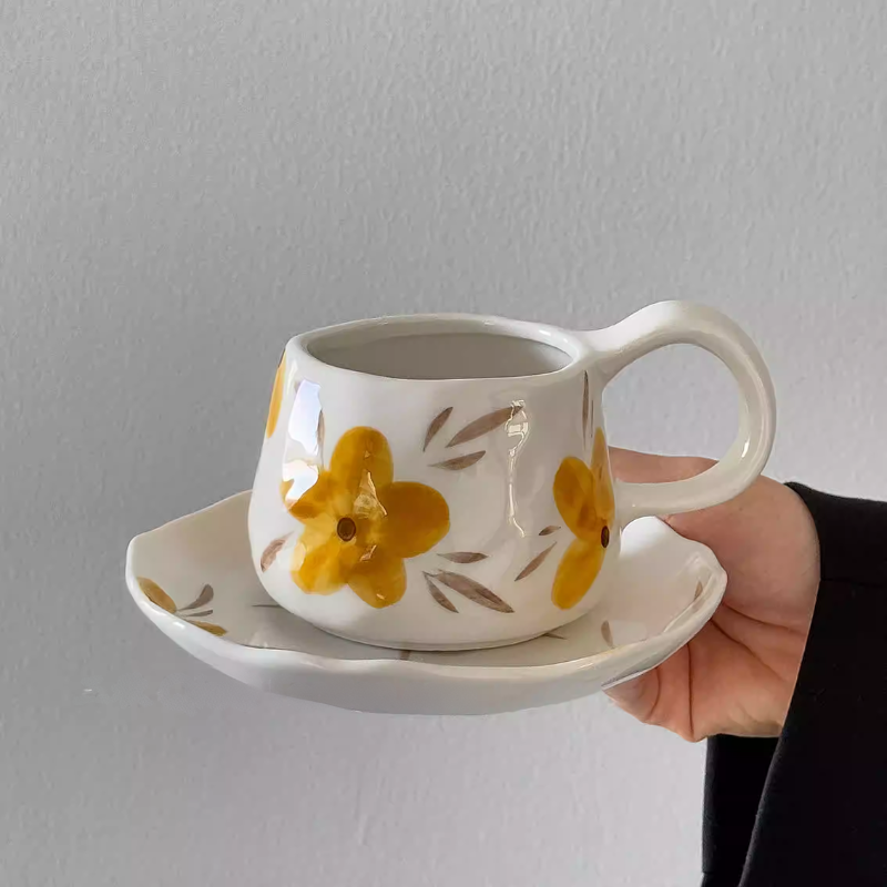 Medieval Floral Coffee Cup & Saucer - Hand-Painted Gift