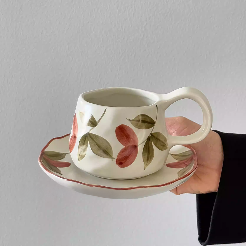 Medieval Fruit Coffee Cup & Saucer - Hand-Painted Gift Set