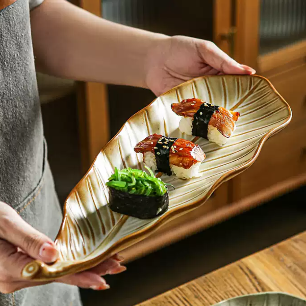 Japanese Leaf Ceramic Sushi Plate - 14" Retro Dessert Dish