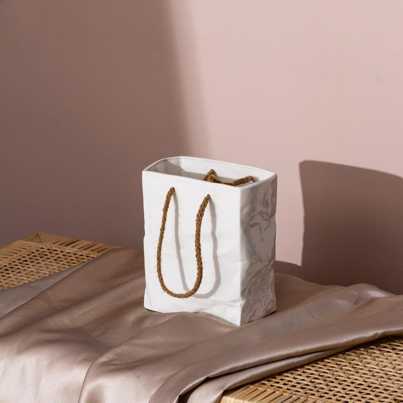 Square White Ceramic Hemp Rope Handbag Vase