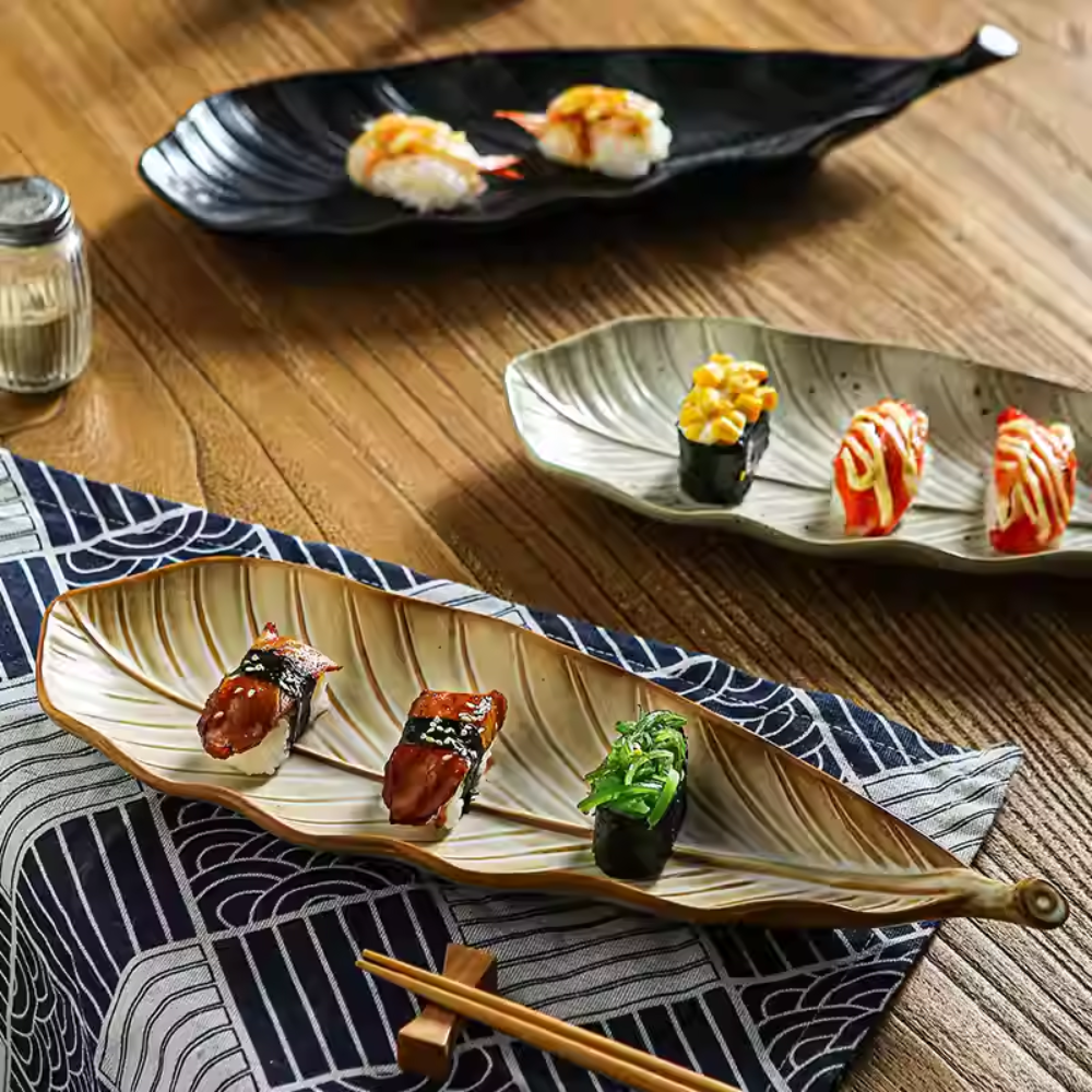 Japanese Leaf Ceramic Sushi Plate - 14" Retro Dessert Dish
