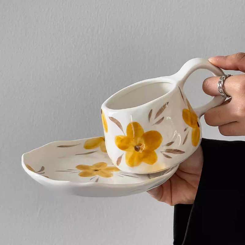 Medieval Floral Coffee Cup & Saucer - Hand-Painted Gift