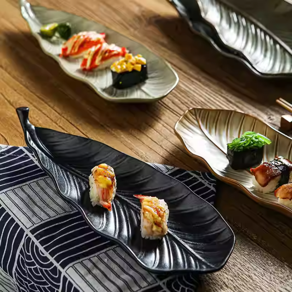 Japanese Leaf Ceramic Sushi Plate - 14" Retro Dessert Dish