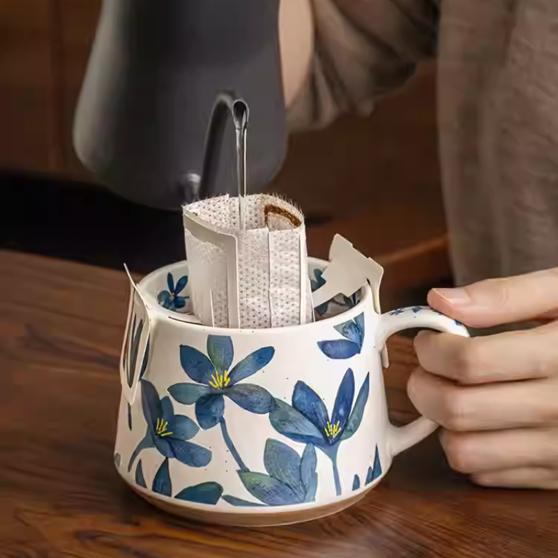 Mist Blue Flower Niche Design Ceramic Coffee Mug - Retro