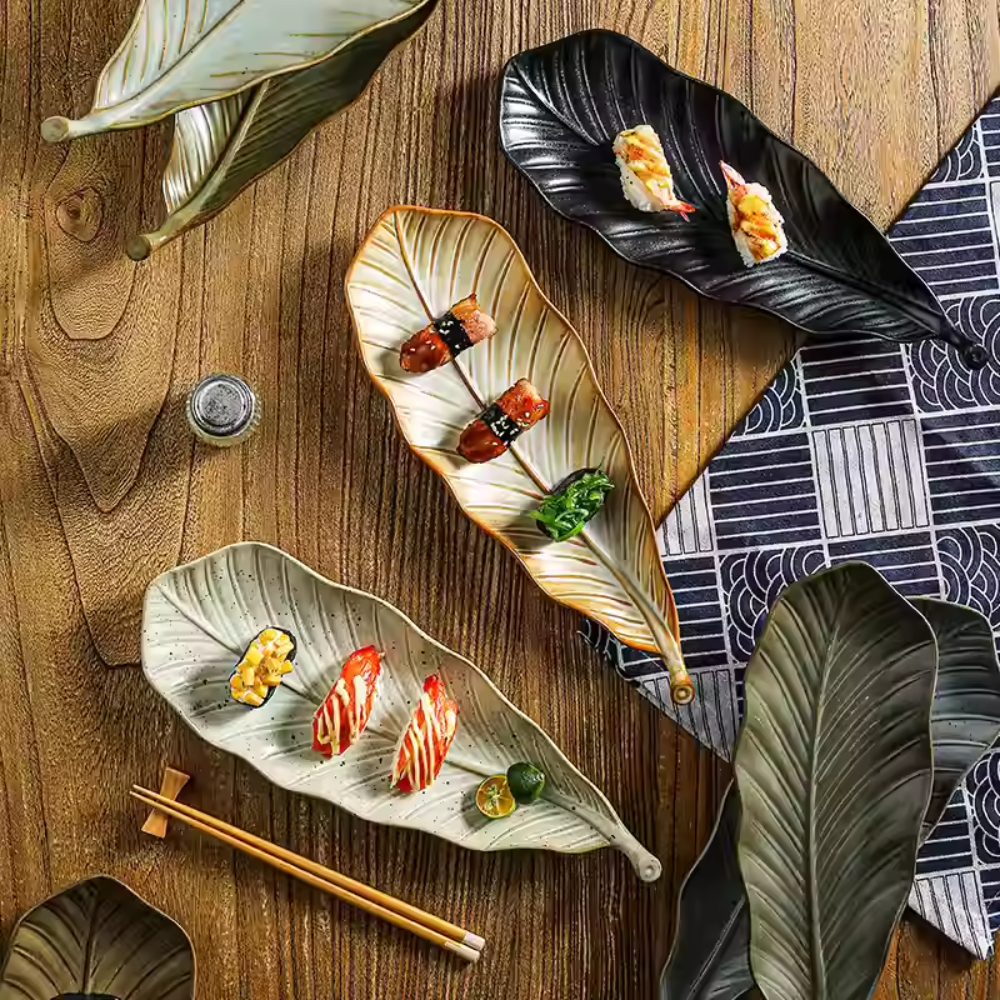 Japanese Leaf Ceramic Sushi Plate - 14" Retro Dessert Dish
