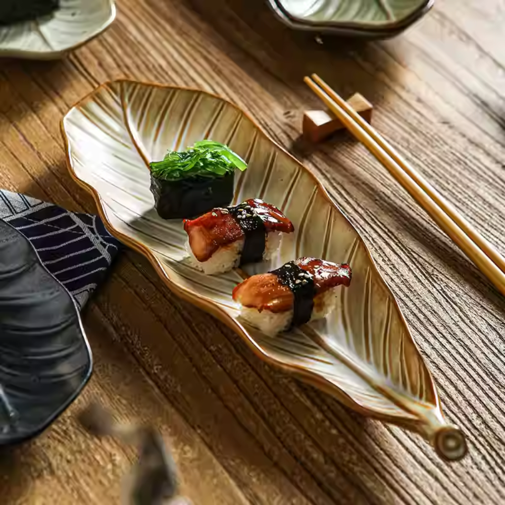 Japanese Leaf Ceramic Sushi Plate - 14" Retro Dessert Dish