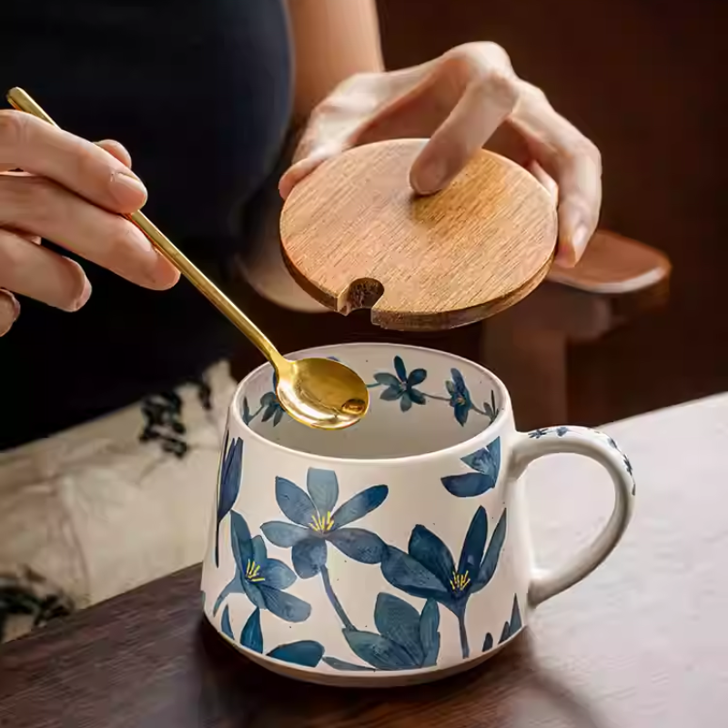 Mist Blue Flower Niche Design Ceramic Coffee Mug - Retro
