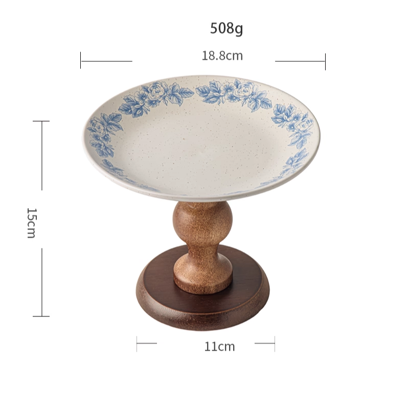 Medieval Blue and White Wooden Fruit Plate Ceramic High-Footed Plate Pastry Tray