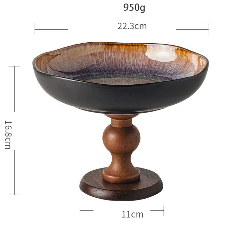 Retro Ceramic Fruit Plate – Wooden High-Foot Snack Tray