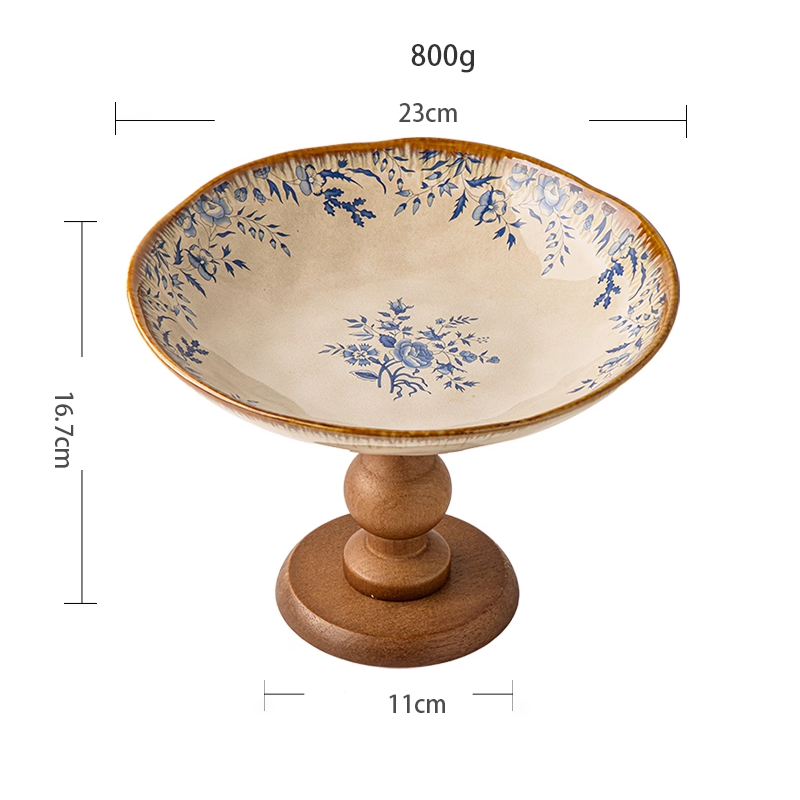 Light Luxury Retro Fruit Plate - High-Footed Ceramic & Wood