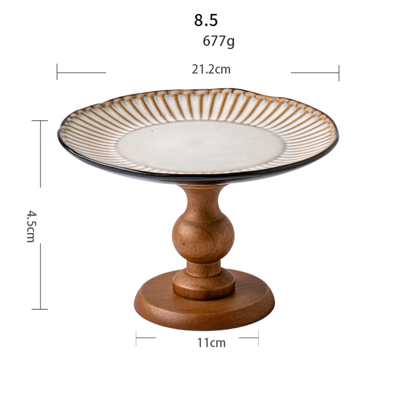 8.5-inch Wooden High-Foot Tray Home Retro Ceramic Pastry Ornaments