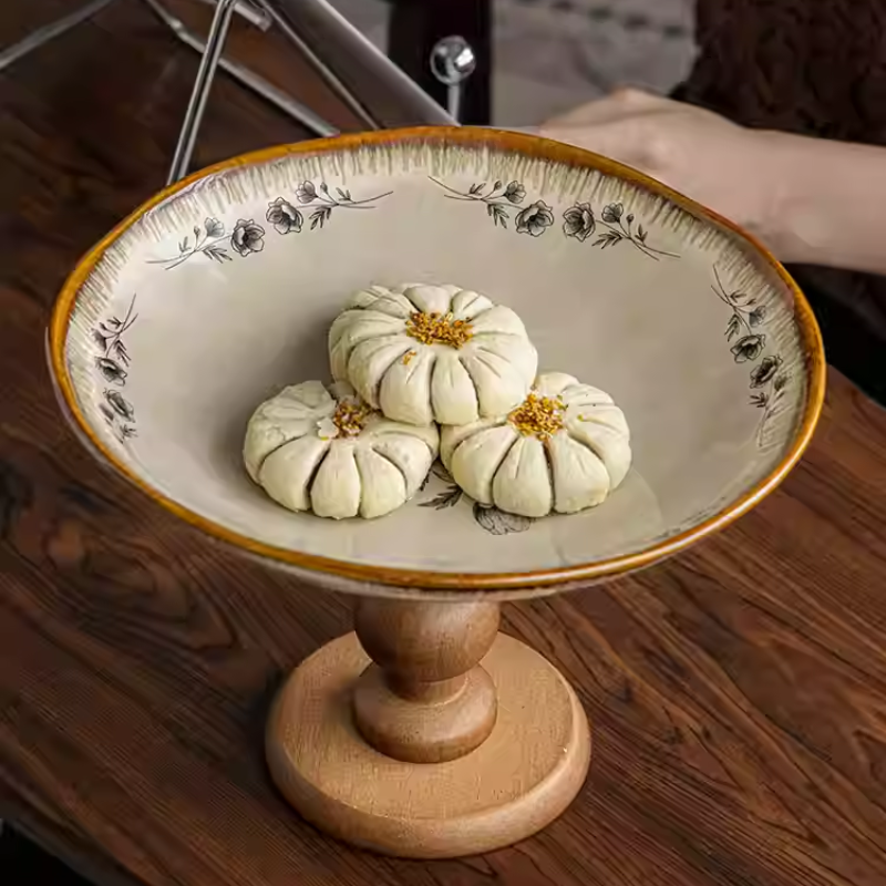 Retro wooden ceramic high-foot plate fruit plate living room home snack display plate