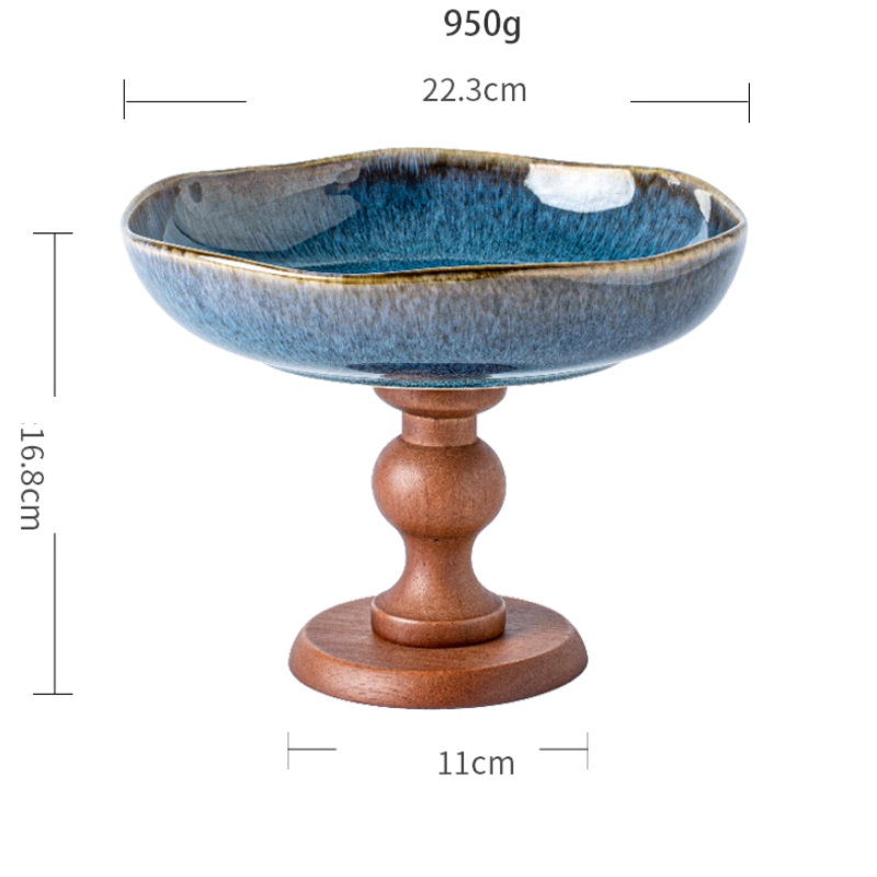Retro Ceramic Fruit Plate – Wooden High-Foot Snack Tray