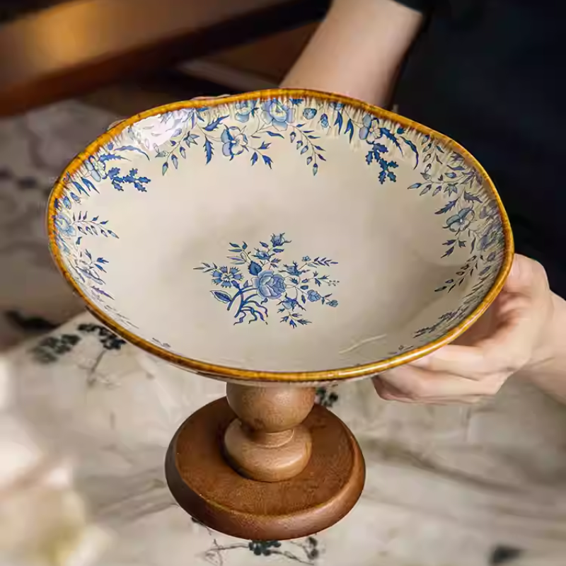 Light Luxury Retro Fruit Plate - High-Footed Ceramic & Wood