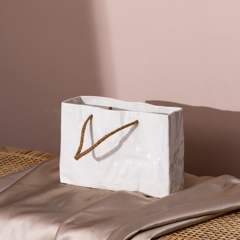Square White Ceramic Hemp Rope Handbag Vase