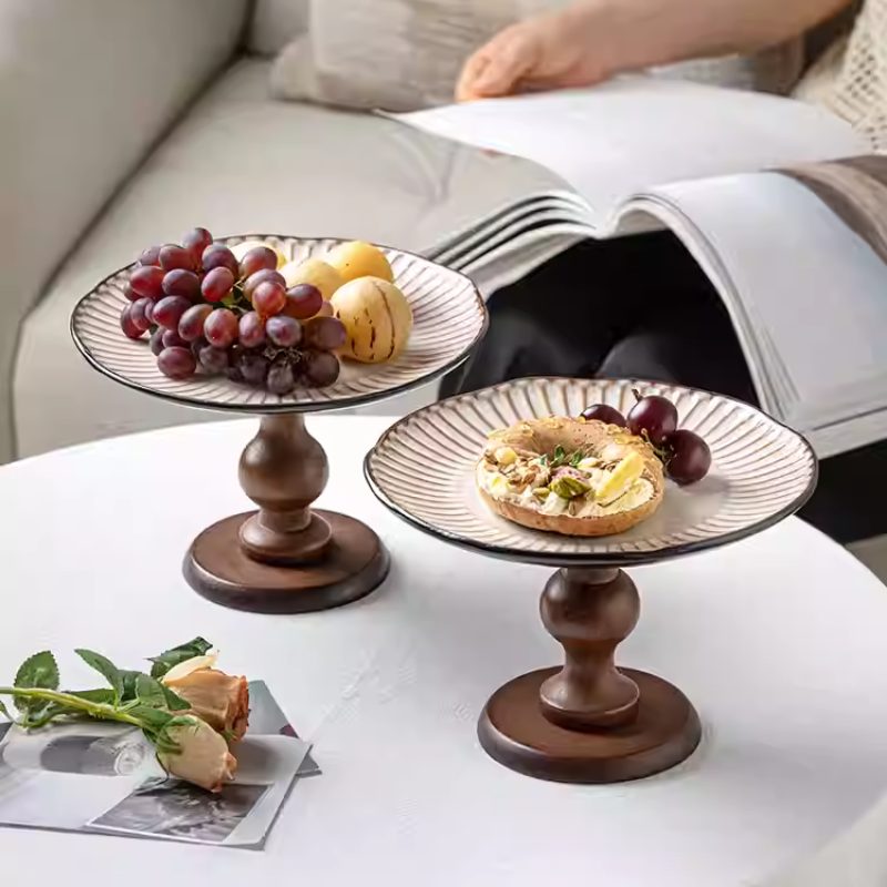 8.5-inch Wooden High-Foot Tray Home Retro Ceramic Pastry Ornaments