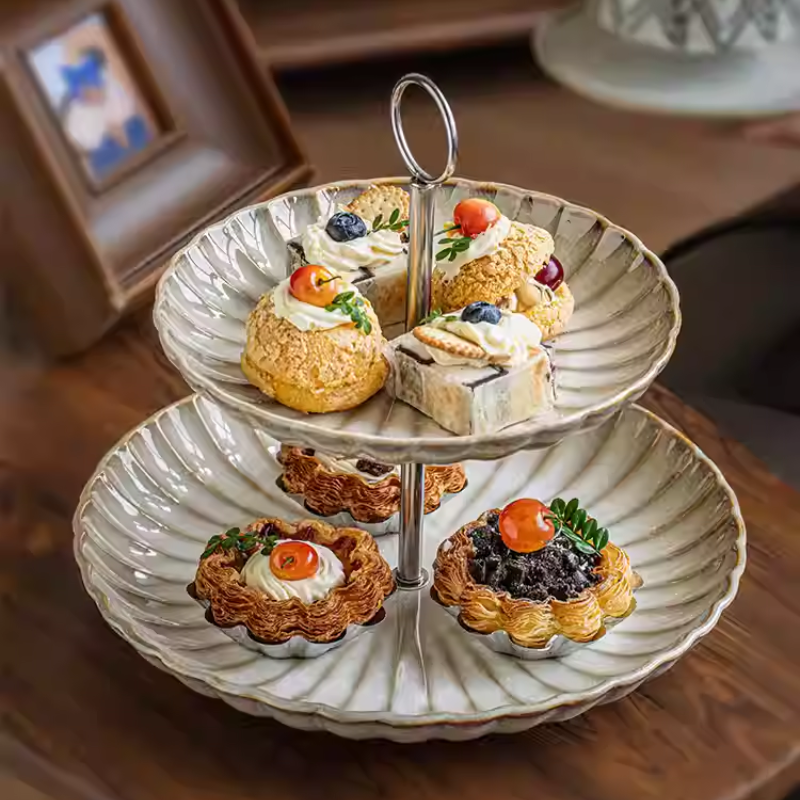 Lace Double Layer Ceramic Fruit Plate Dessert Stand Tray