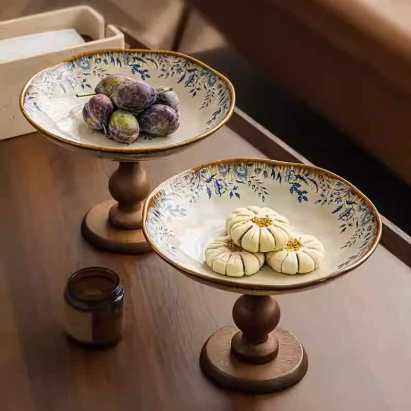 Light Luxury Retro Fruit Plate - High-Footed Ceramic & Wood