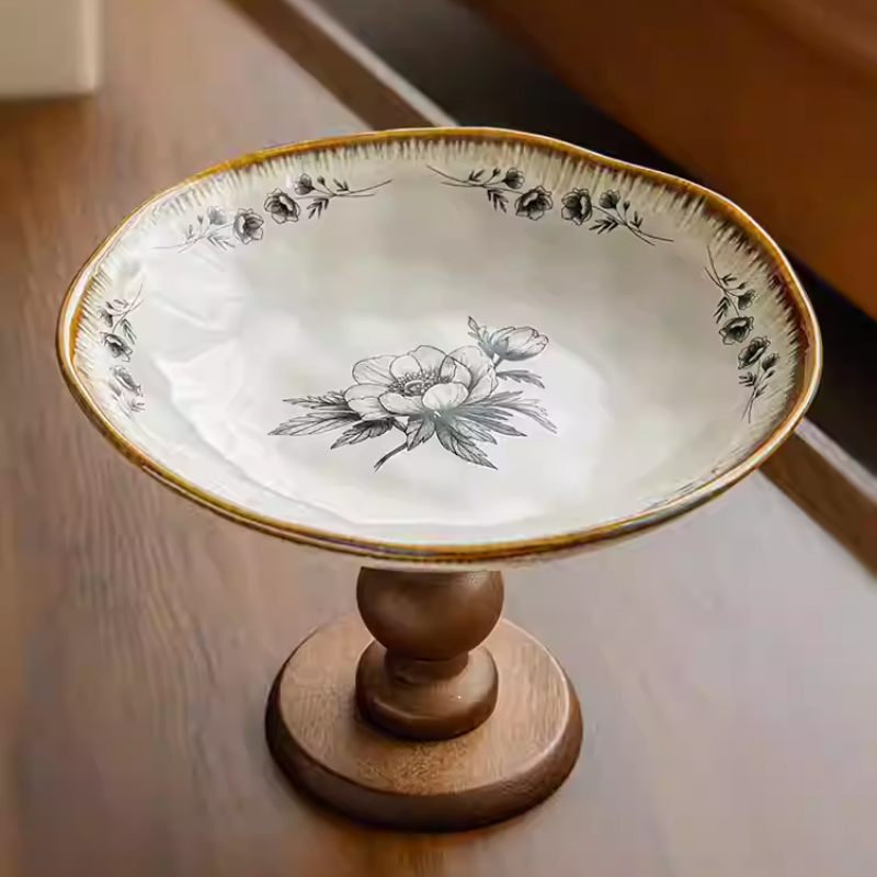 Retro wooden ceramic high-foot plate fruit plate living room home snack display plate