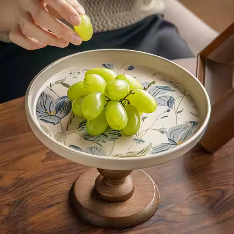 Chinese style wooden high-footed coffee table, fruit tray, ceramic tray, jewelry storage