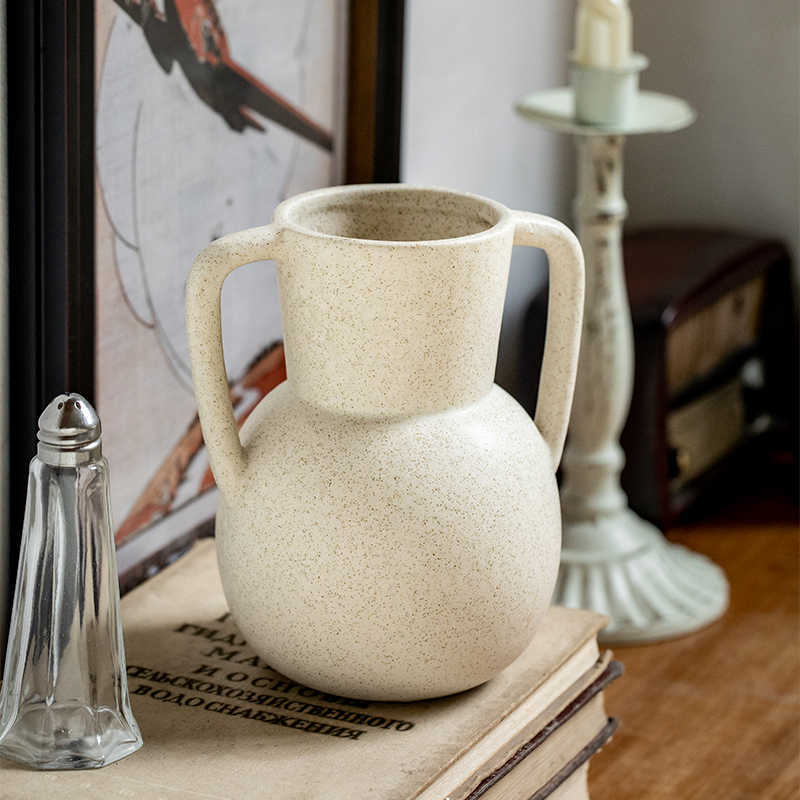 Retro Beige Ceramic Binaural Vase Decorative Ornament