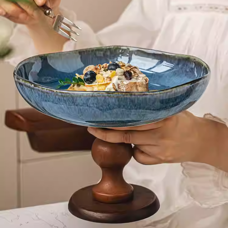 Retro Ceramic Fruit Plate – Wooden High-Foot Snack Tray
