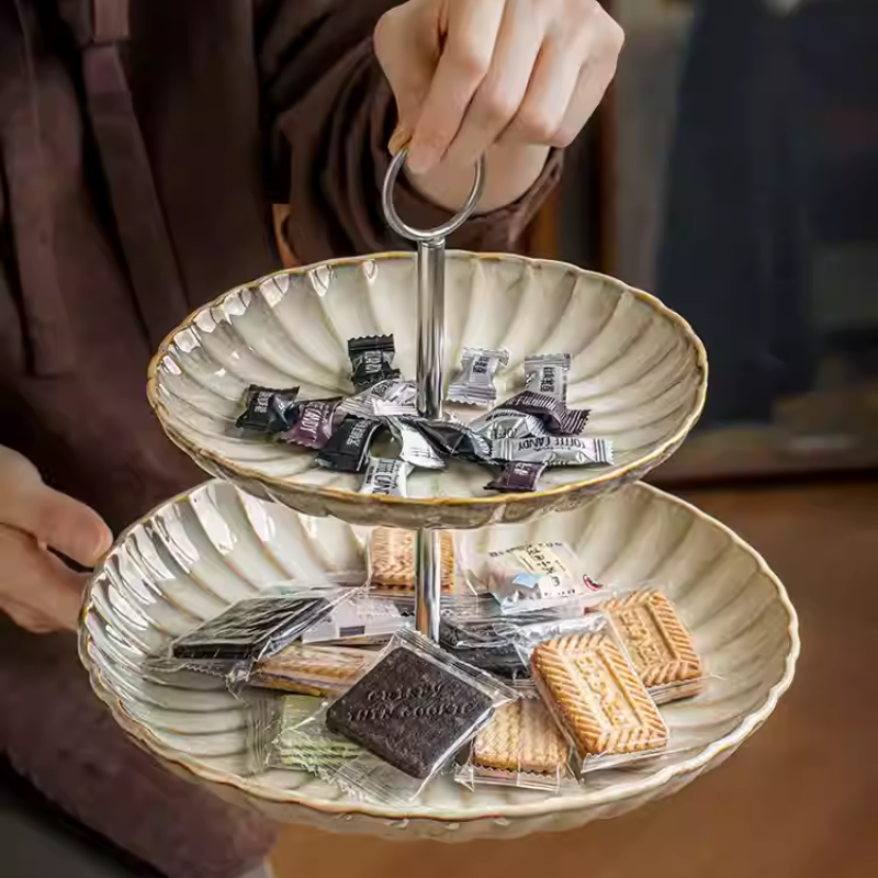 Lace Double Layer Ceramic Fruit Plate Dessert Stand Tray