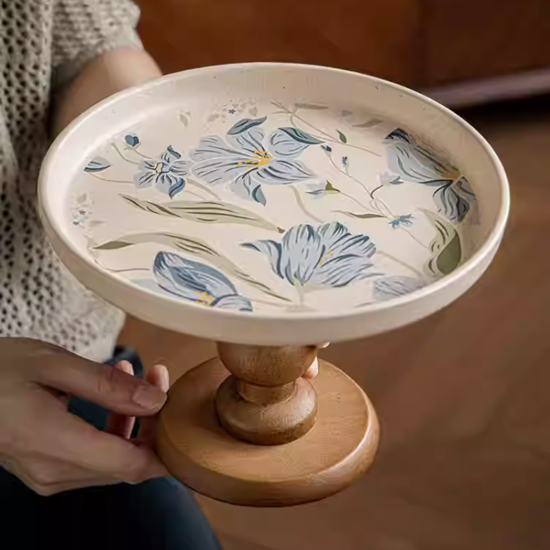 Chinese style wooden high-footed coffee table, fruit tray, ceramic tray, jewelry storage
