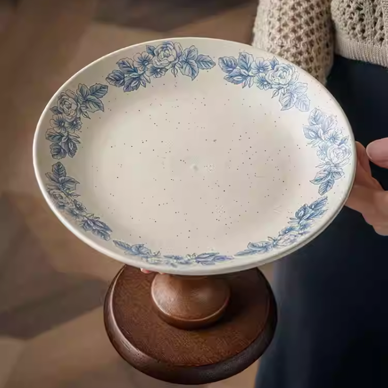 Medieval Blue and White Wooden Fruit Plate Ceramic High-Footed Plate Pastry Tray