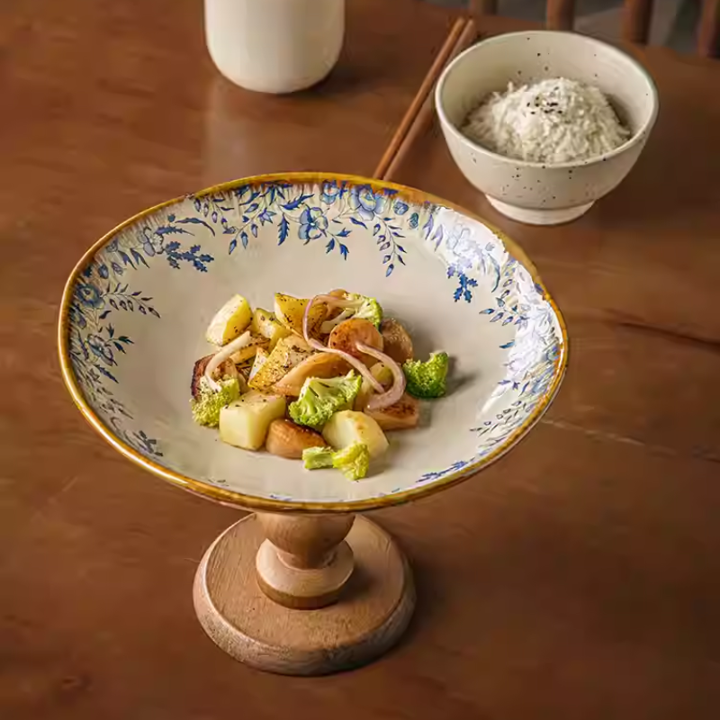 Light Luxury Retro Fruit Plate - High-Footed Ceramic & Wood