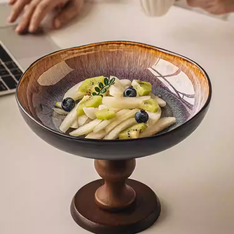 Retro Ceramic Fruit Plate – Wooden High-Foot Snack Tray