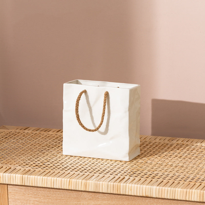 Square White Ceramic Hemp Rope Handbag Vase