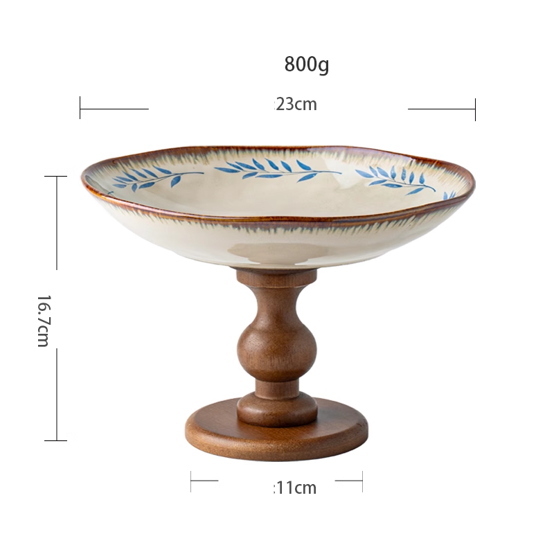 Wooden high-foot plate fruit plate snack plate living room ceramic fruit plate tray