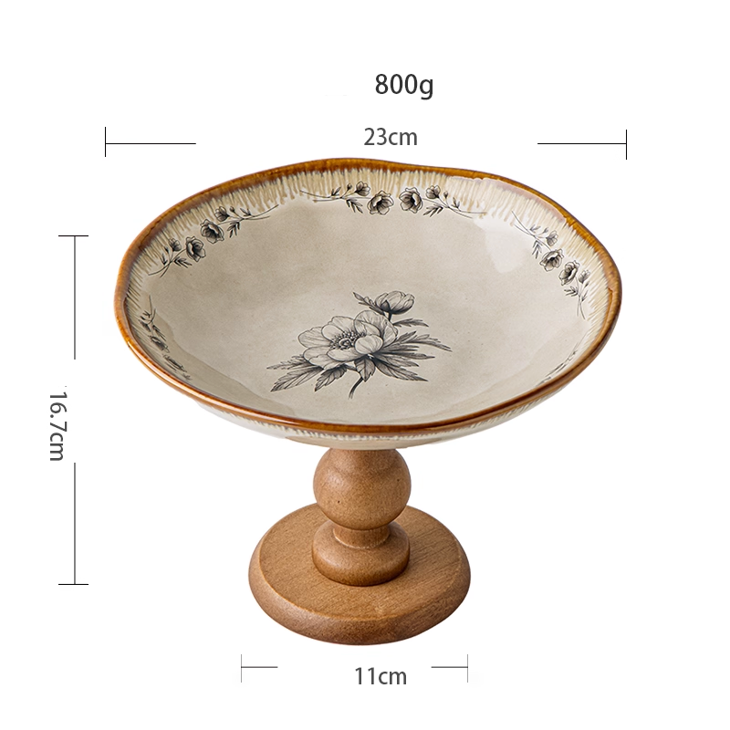 Retro wooden ceramic high-foot plate fruit plate living room home snack display plate