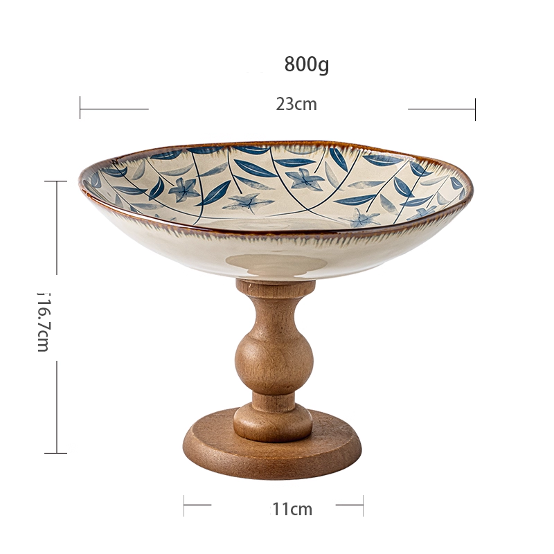 Wooden high-foot plate fruit plate snack plate living room ceramic fruit plate tray