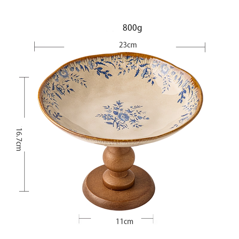 Wooden high-foot plate fruit plate snack plate living room ceramic fruit plate tray
