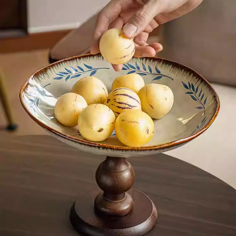 Wooden high-foot plate fruit plate snack plate living room ceramic fruit plate tray